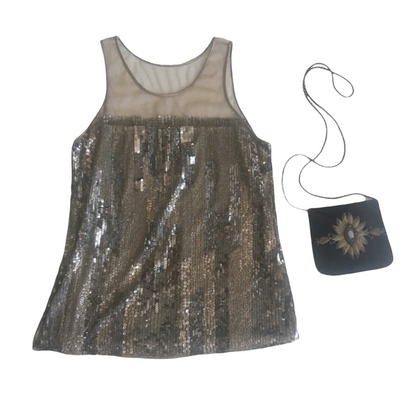 new Parker ❤︎ Sequin Sleeveless Evening Top ❤︎ Sheer Yoke Tank ❤︎ Silver Large - Picture 10 of 12